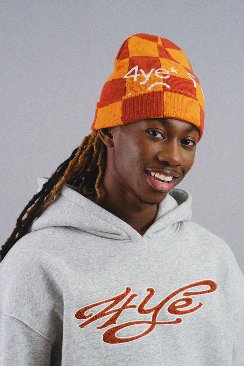 Custom knit beanie fit sample worn by model for OEM Caps