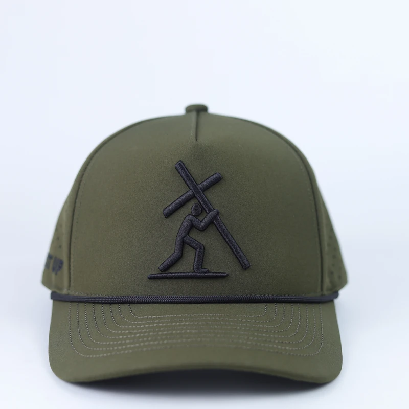 Olive rope-trim custom cap with black front embroidery and curved bill
