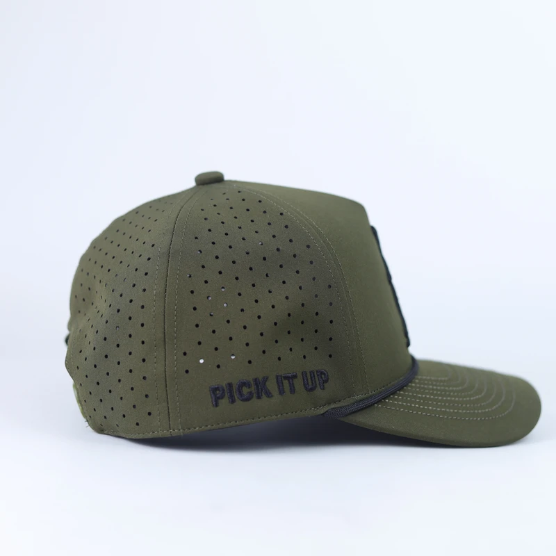 Olive cap side view highlighting crown perforation and seam position