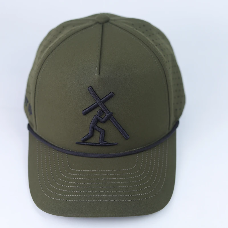 Front view of an olive cap with black embroidery and black rope trim along the curved visor