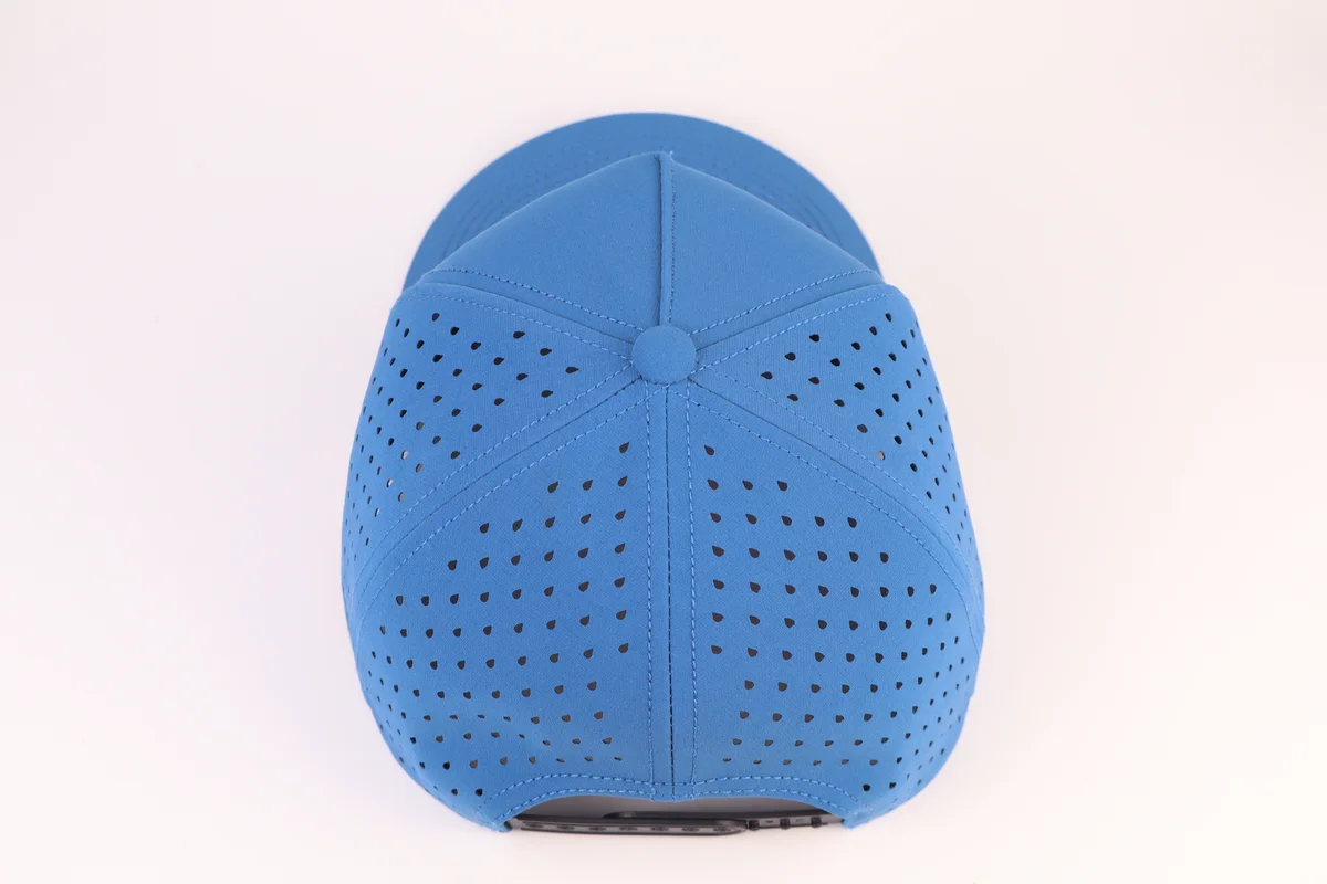 Blue Perforated Crown From Behind — complete cap reference photograph